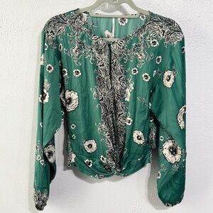 Free People green Floral tie front  Long Sleeve Blouse xs